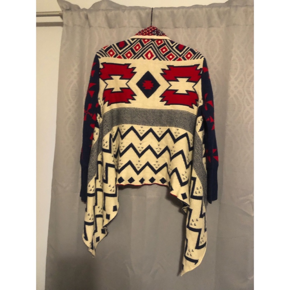 Blue cream and red square style cardigan